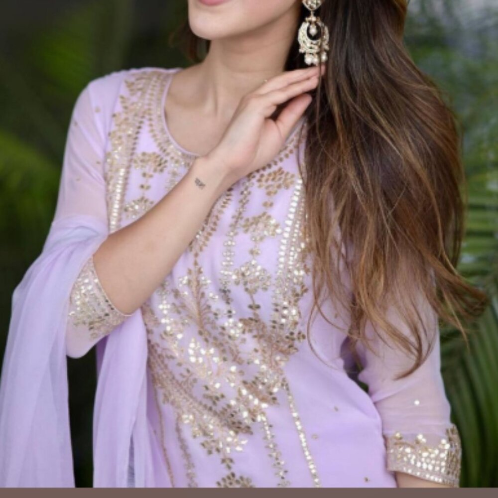 Fabulous Faux georgette Kurti , pant and dupatta set embroidered with foil work